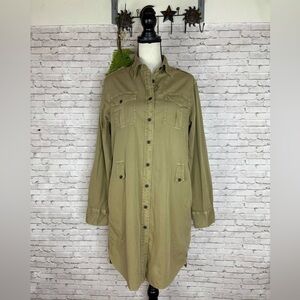 Vintage Lucky Brand Dungaree Khaki Tan Cotton Safari Utility Button Shirt Dress